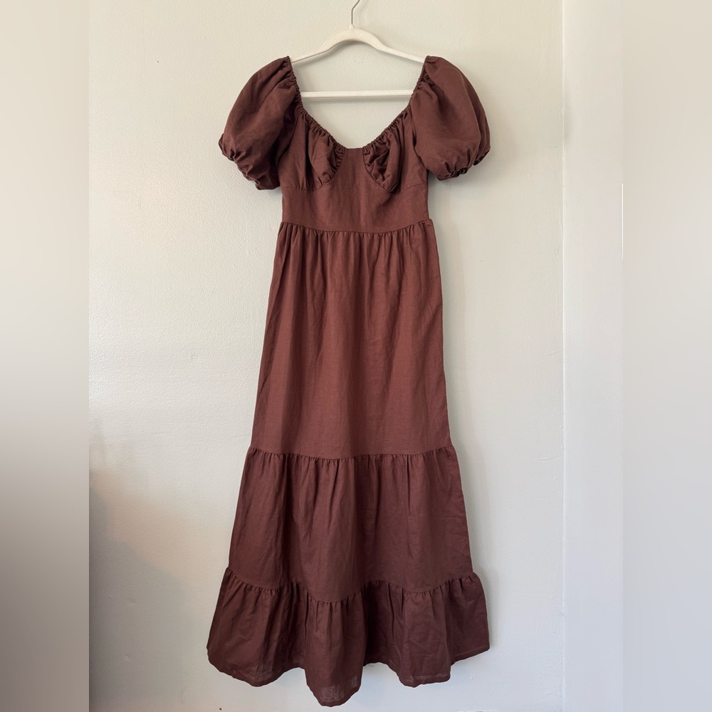 Peppermayo Brown Peasant Puff Sleeve Linen Blend Tiered Maxi Dress - Picture 3 of 10